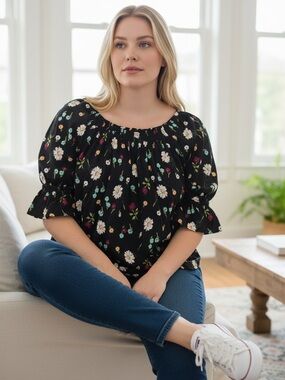 Women’s Navy Floral Smocked Boho Peasant Blouse Size 2X